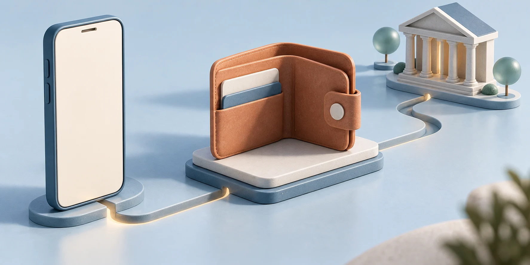 A three-dimensional phone and terracotta wallet connected to a bank on a pastel blue background.