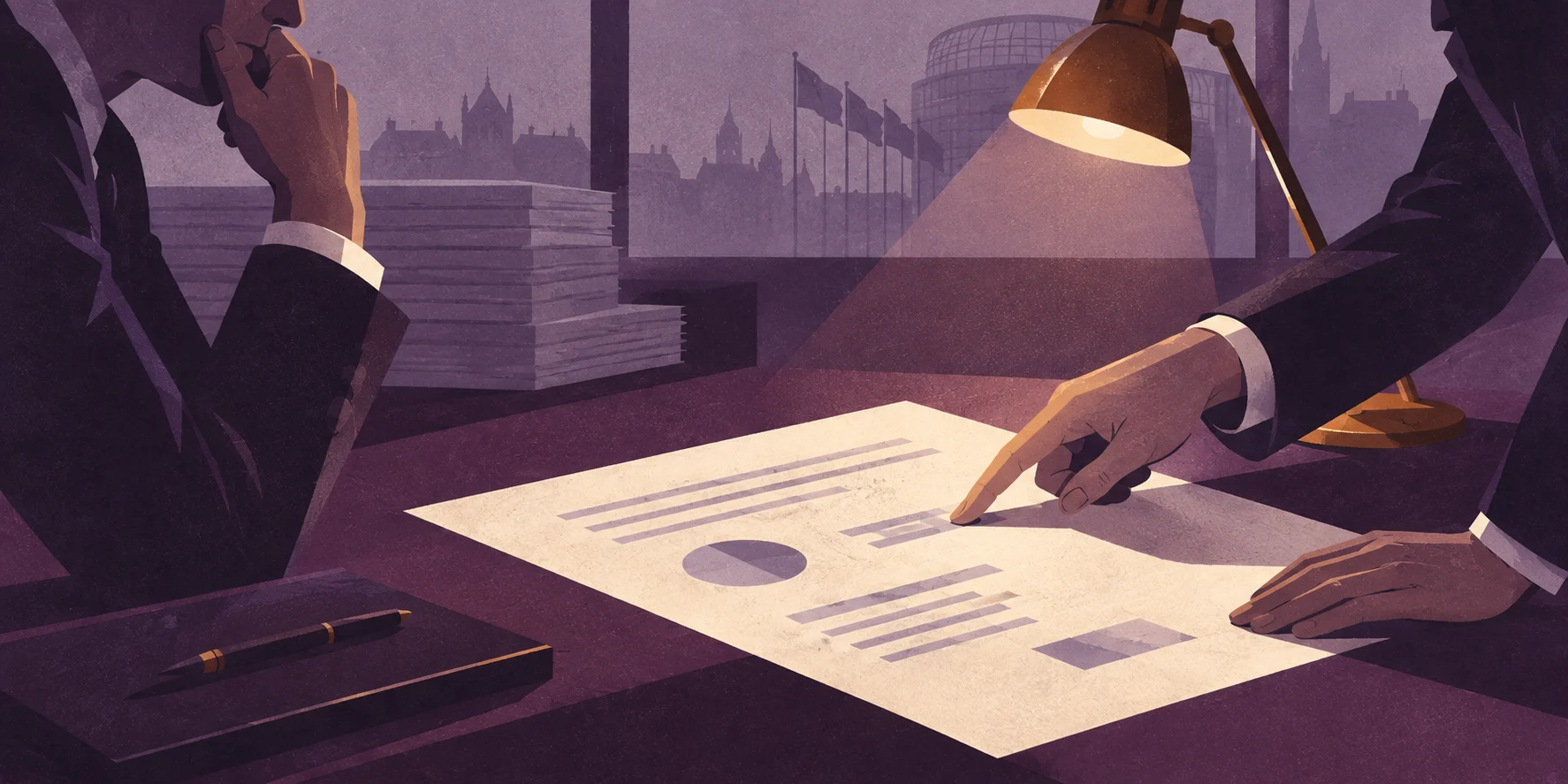 An editorial illustration in plum and amber of two people examining evidence together under a desk lamp.
