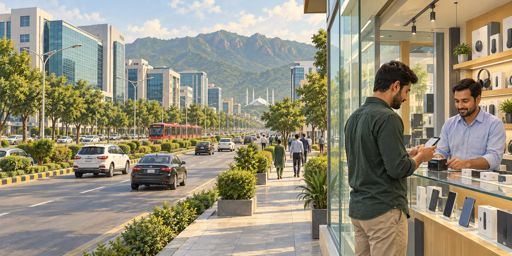 An editorial illustration inspired by central Islamabad, with a modern electronics shop, a mobile payment and a broad avenue lined with office buildings.